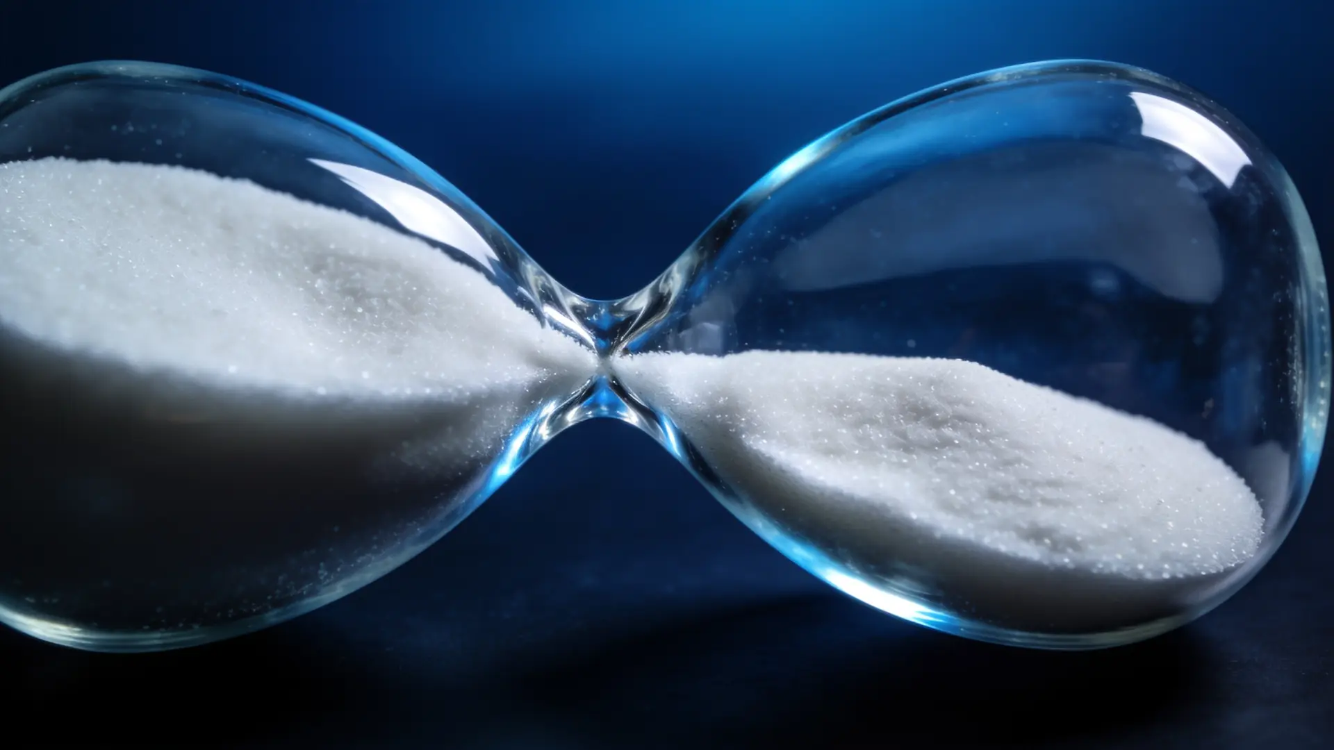 An hourglass with white sand, lit in blue