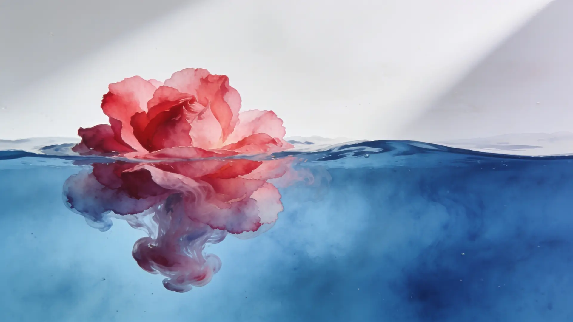 A rose-red bloom diffusing into clear blue water — illustrative image for redness and rosacea
