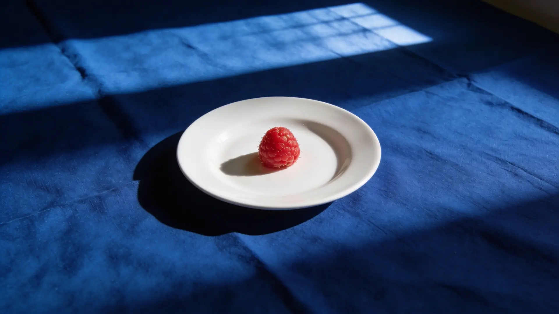 A single raspberry on a white porcelain plate on deep blue linen — illustrative image for GLP-1 weight-loss medicines