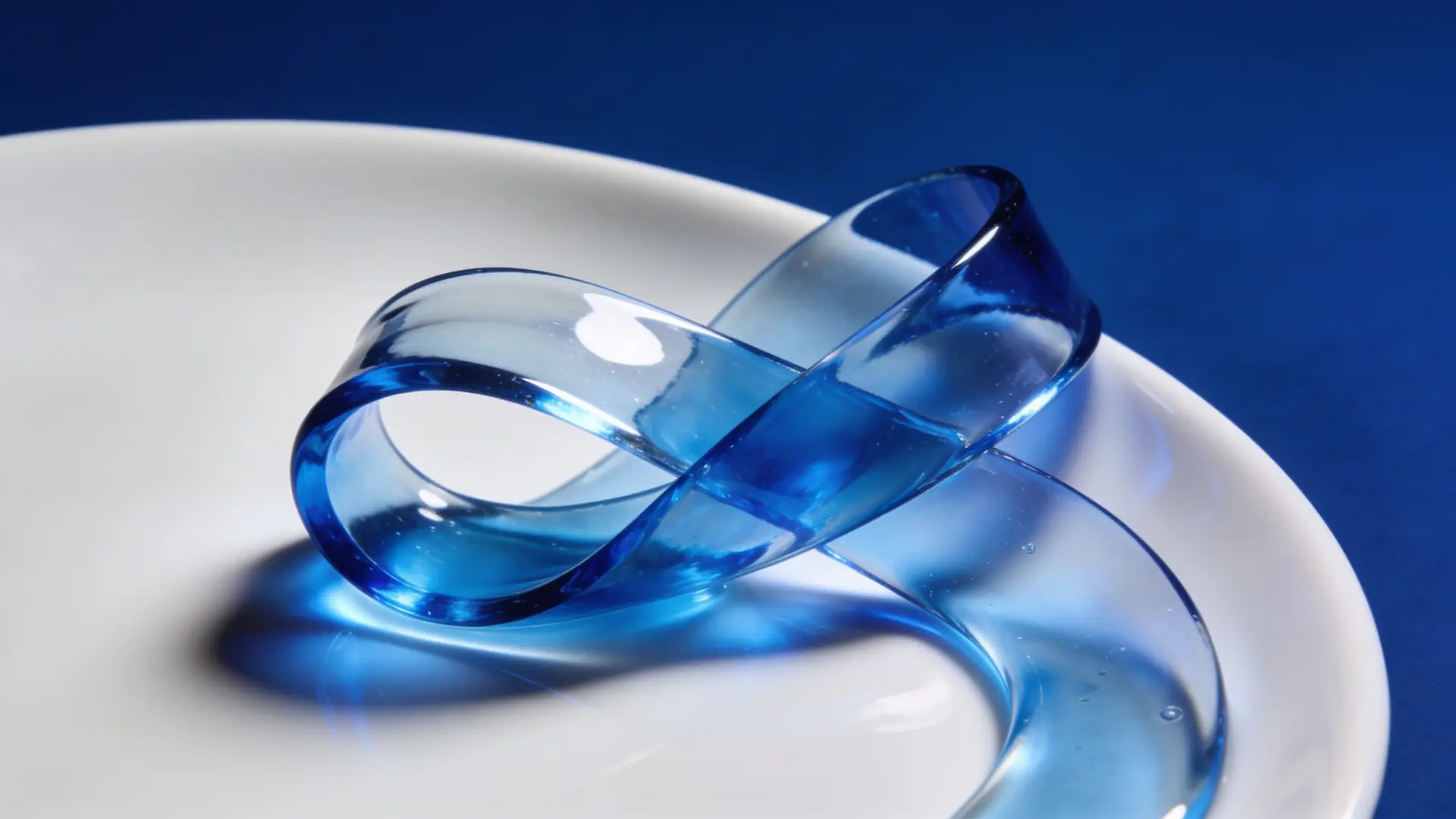 A translucent blue gel ribbon folding over white porcelain — illustrative image for hyaluronic-acid fillers