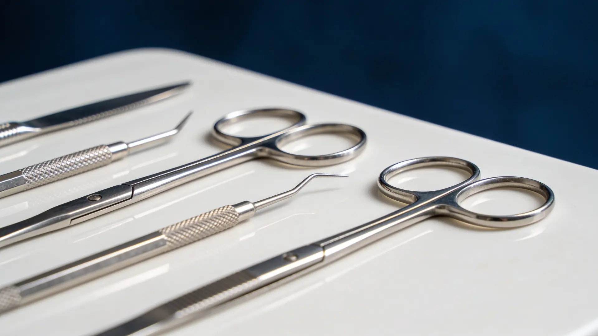 Steel instruments on a porcelain tray